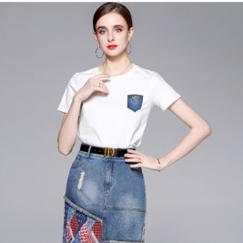 Women's Round Neck T-Shirt and Stylish and Stylish Patchwork Denim Skirt Two-Piece Set
