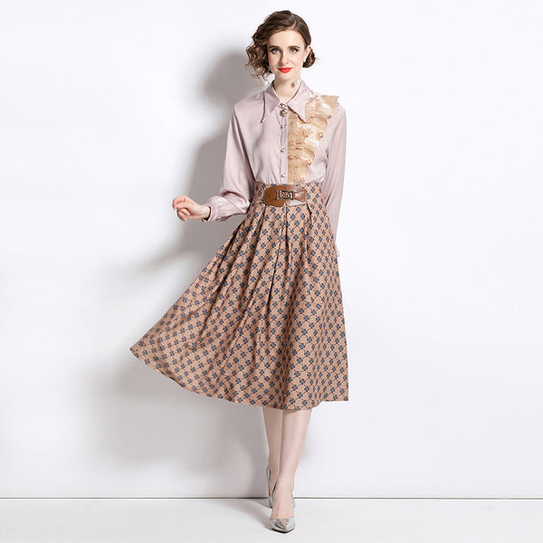 Vintage lapel long sleeved shirt and mid length skirt