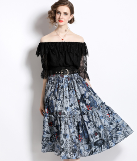 Women's one line collar lace top+printed skirt two-piece set