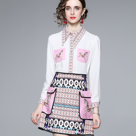 Women's printed long sleeved shirt and short skirt two-piece set