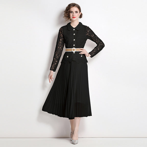 Water-Soluble Pleat Splicing Chiffon High-Waisted Lapel Long-Sleeved Fake Two-Piece Long Skirt Dress