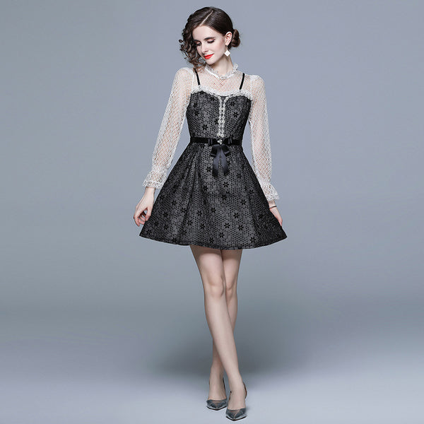 Narrow Waist to Show Thin Temperament Retro Small Fragrance Skirt Long Sleeved Skirt Dress