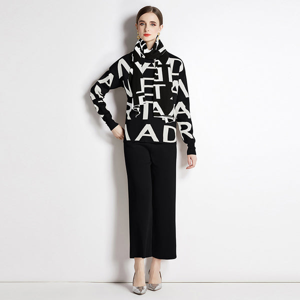Monogram Sweater Top and Solid Pant Two-Piece Set