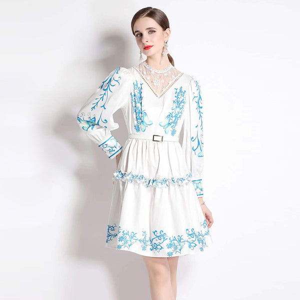 Vintage Lace Patchwork Print Fashion Temperament Long-Sleeved Skirt Dress