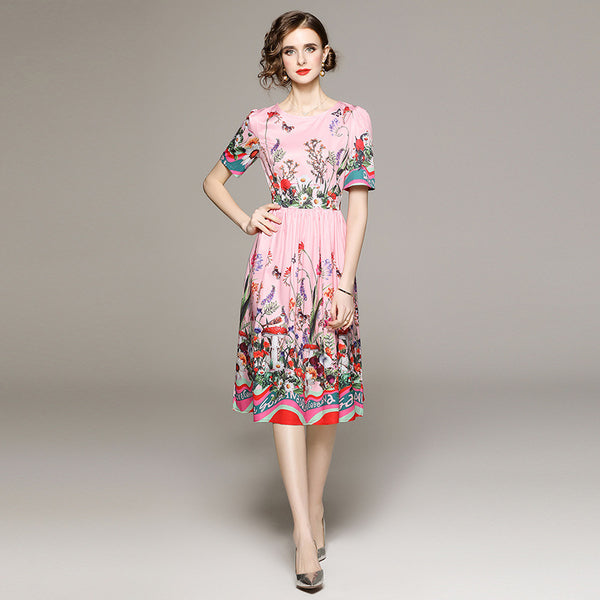 Fashion Garden Style Flower Print Short Sleeve Dress with Lining Cloth