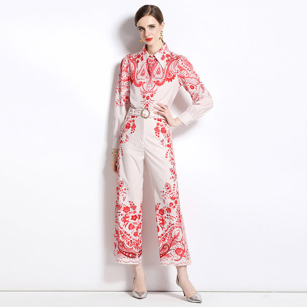 Women's Printed Temperament Two-Piece Suit Long-Sleeved Shirt and High-Waisted Flared Trousers