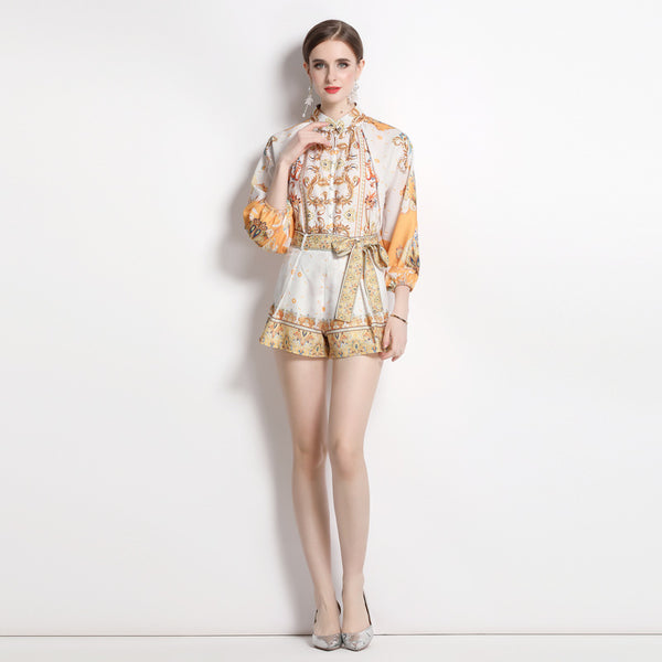 Women's Loose Long Sleeve Printed Shirt and Shorts Two Piece Suit