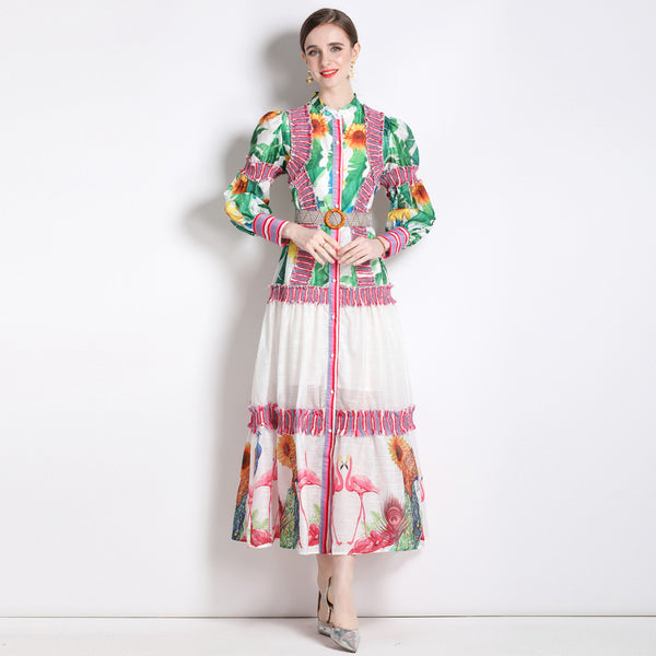 Resort Style Print Long Skirt Retro Fashion Sweet Lantern Sleeve Color Bump Stand Collar Dress