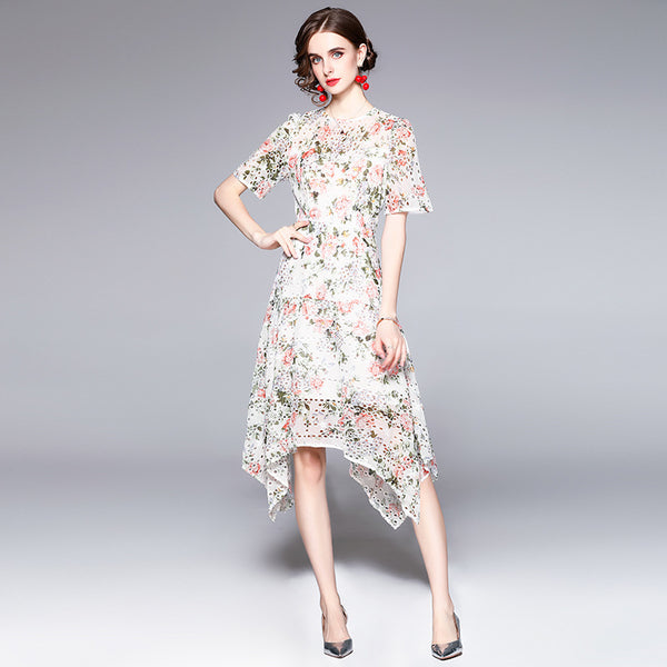 Printed Embroidery Hollowed Out Fashion Irregular Dress