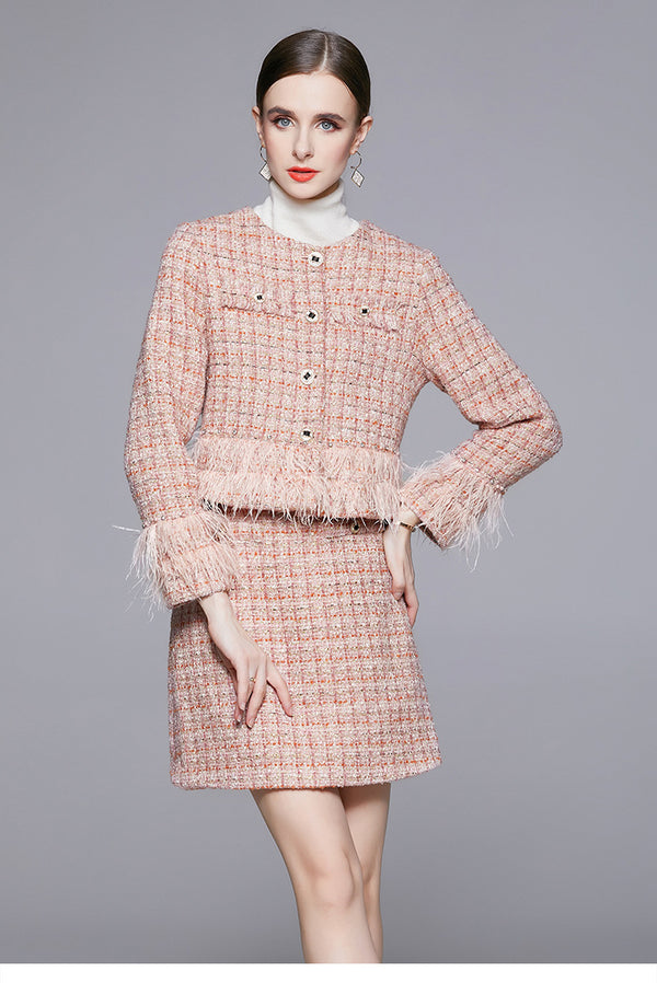 Handmade Beaded Ostrich Fur Coat Autumn and Winter Tweed Small Fragrance Suit