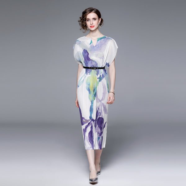 Elegant Temperament V-Neck Printed Pleats Dress