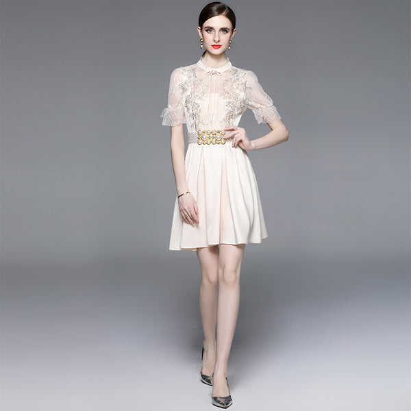 Beaded Stitching Lace High Waist Slim Temperament Slim Short Skirt Dress