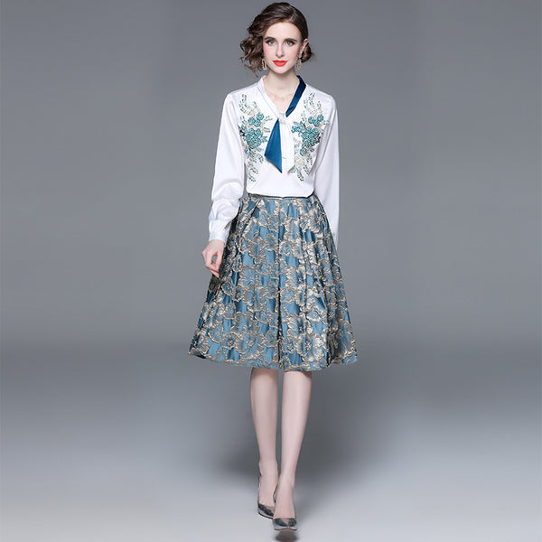 Women's Fashion Applique Embroidery Long-Sleeved Shirt and Mid-Length Skirt Two-Piece Set