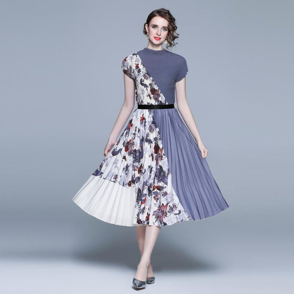 Vintage Print Pleated Short Sleeve Top and Pleated Skirt Fashion Two-Piece Suit