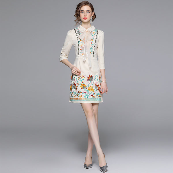 Women's Dress Temperament Retro Embroidery Flower Bow Slim Slimming Skirt Dress