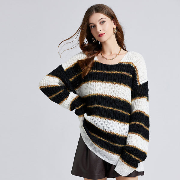 Striped Loose Slimming Color Pullover Sweater Crewneck Long-Sleeved Sweater