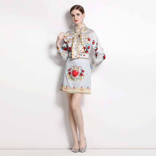 Women's Printed Bow Tie Long-Sleeved Shirt and Elegant High-Waisted Skirt Two-Piece Suit