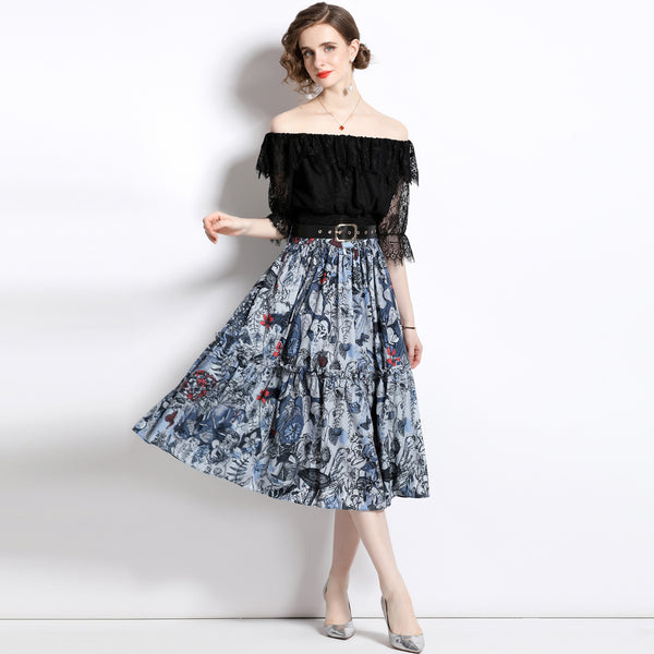 Women's One-Line Neck Lace Top and Vintage Printed Half Skirt Two-Piece Suit