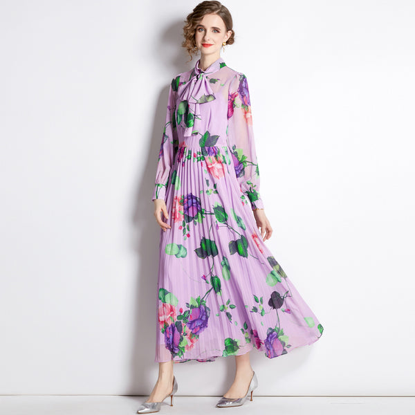 Vintage Floral Long-Sleeved Long Skirt Pleated Skirt Slim Dress