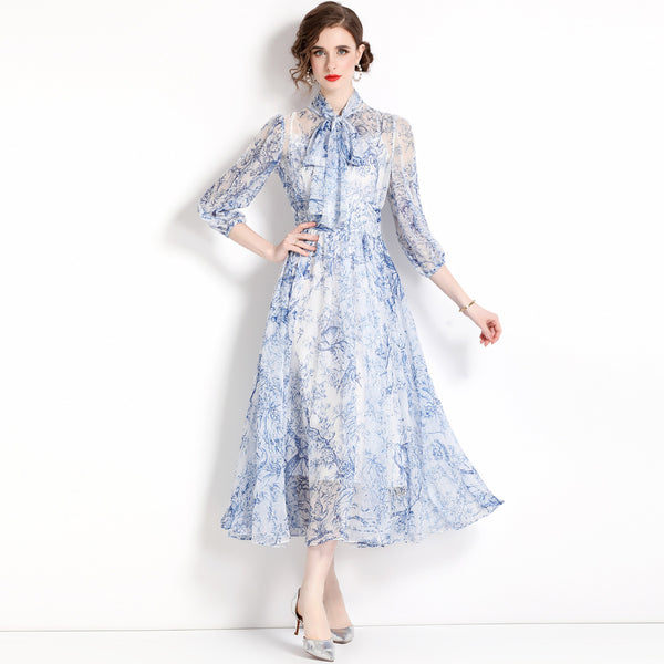 Lace-Up Print Long-Length Holiday Dress with Five-Point Sleeves