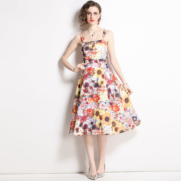 Fashion Holiday Style Floral Dress Vintage Print Suspender Skirt MIDI Skirt