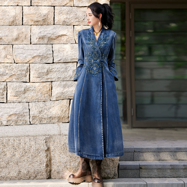 New Denim Maxi Embroidered Long-Sleeved Dress100% Cotton