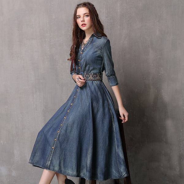 New Vintage Belt Embroidered Slimming Dress Irregular Draw Pleated Lapel Denim Skirt