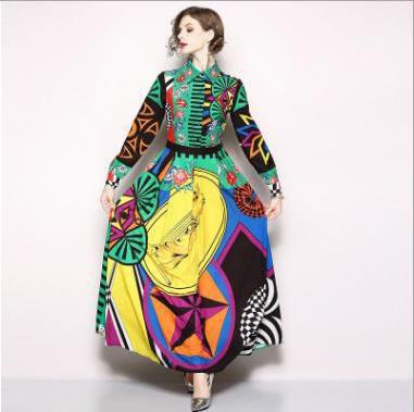 Contrasting Color Printed Temperament High-Waisted Dress