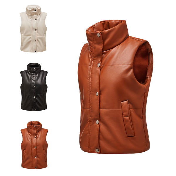 Women's Leather Vest Sleeveless Clip Cotton Zipper Cotton Suit Fashion Stand-Up Collar Coat