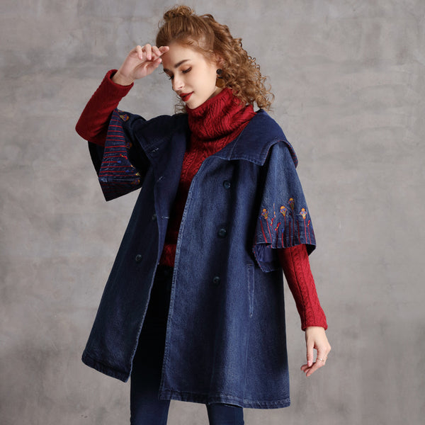 Embroidered Hooded Denim Coat Vintage Loose in a Stylish Doodle