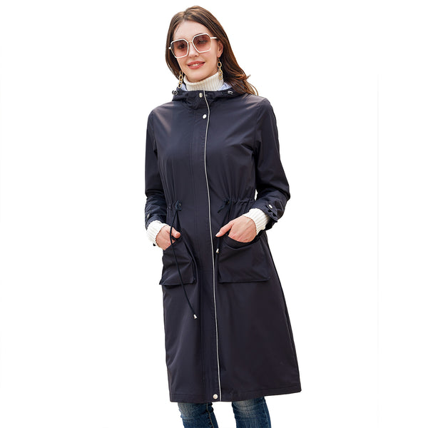 Long Casual Windbreaker Hooded Solid Color Top Striped Lining Straight Coat