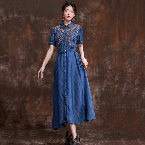 Waist Shrink Slimming Dress 2023 Spring and Summer New Vintage Embroidered Lapel Temperament Denim Long Skirt