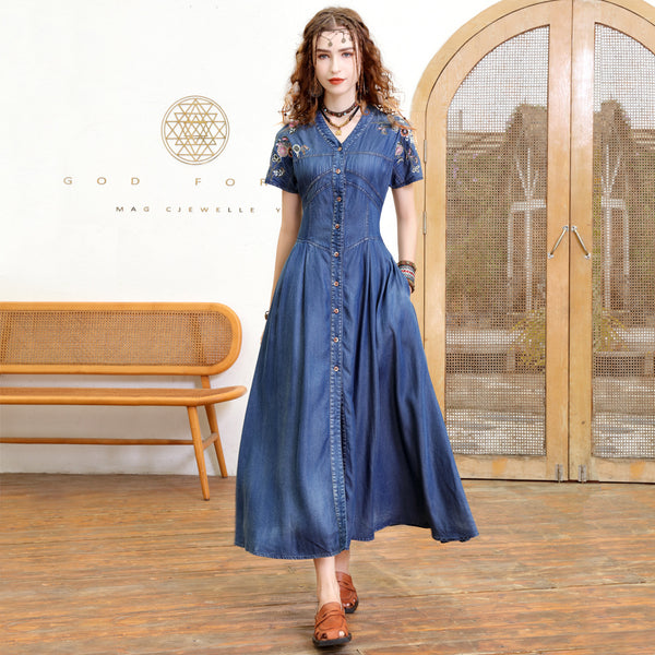 V-Neck Temperament Slimming Cardigan Dress 2023 Summer New Vintage Heavy Industry Embroidered Denim Long Skirt