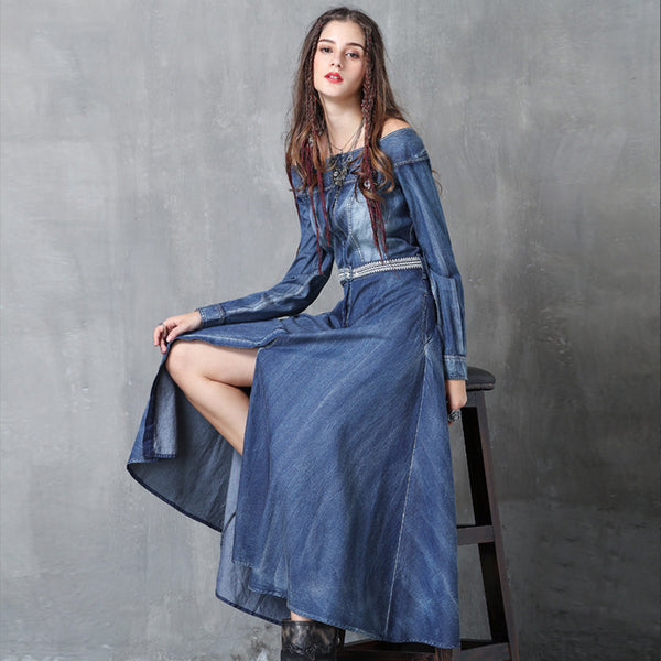 One-Line Neck Temperament Slim Belt Denim Long skirt 2023 Ancient Embroidery Long-Sleeved Autumn Dress