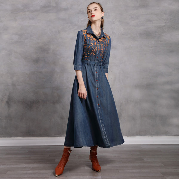 Lapel Temperament Slim Embroidered Denim Maxi Dress 2022 Vintage Mid-Sleeve New Slimming Dress