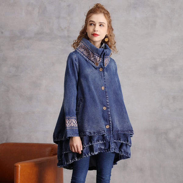 New Stand-Up Collar Denim Trench Coat Women's Vintage Embroidery Loose Mid-Length Coat