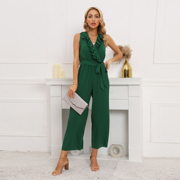 New Sleeveless V-Neck Pleated Pleated Jumpsuit with Lotus Leaf Lace