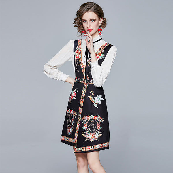 Stand Collar Long Sleeve Shirt and Printed Suspenders Skirt
