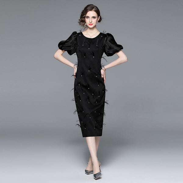 Fashion New Women's Temperament Nail Beads Elegant Thin Slim Mid-Length Short-Sleeved Dress