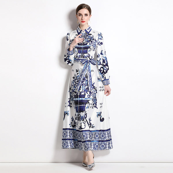 Fashion All-in-One Waist Slimming Blue and White Porcelain Positioning Printed Dress with Belt