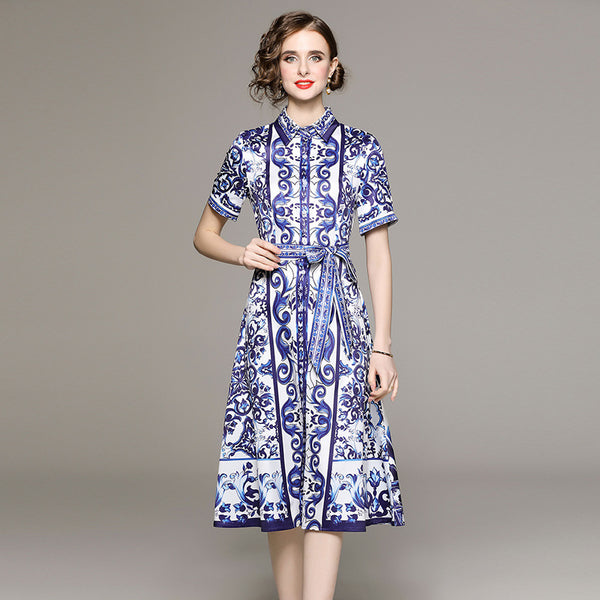 Fashion All-in-One Collection Waist Slimming Positioning Printed Dress with Belt