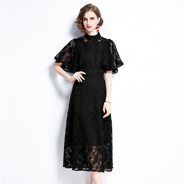 Wider Sleeve Opening High Collar Black Lace Longer Dress