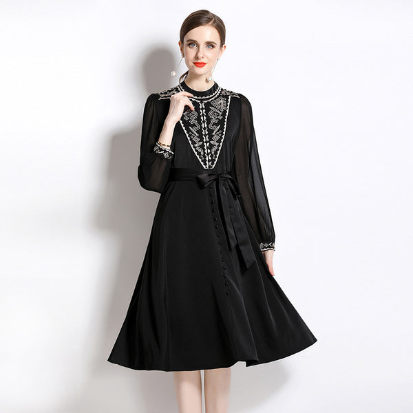 Embroidered Small Stand Collar Bubble Sleeve MIDI Skirt Temperament Waist Slimming Large Swing Dress