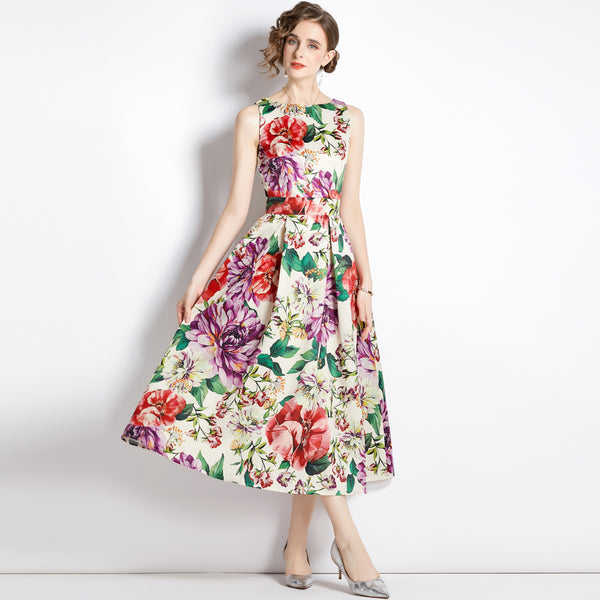 Vintage Print Sleeveless High-Waisted Dress