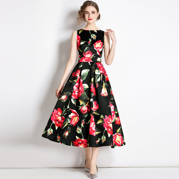 Vintage Print Sleeveless High-Waisted Dress
