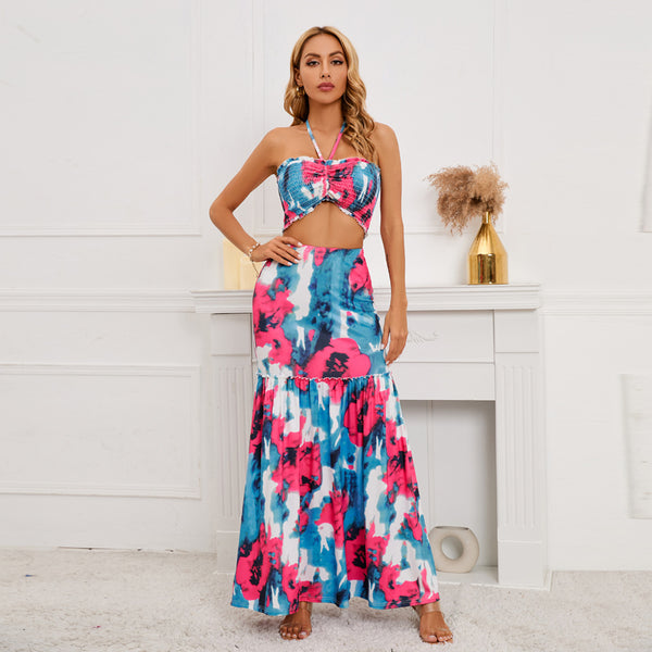 Sexy Bohemian Printed Dress with Cable Hanging Neck Top+Wrapped Hip Fishtail Skirt