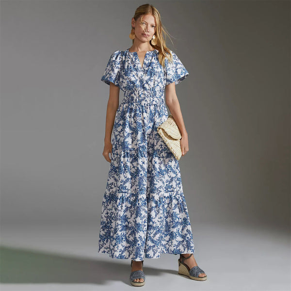 French Floral Print V-Neck Short Sleeve with Pockets for Women Long Dresses