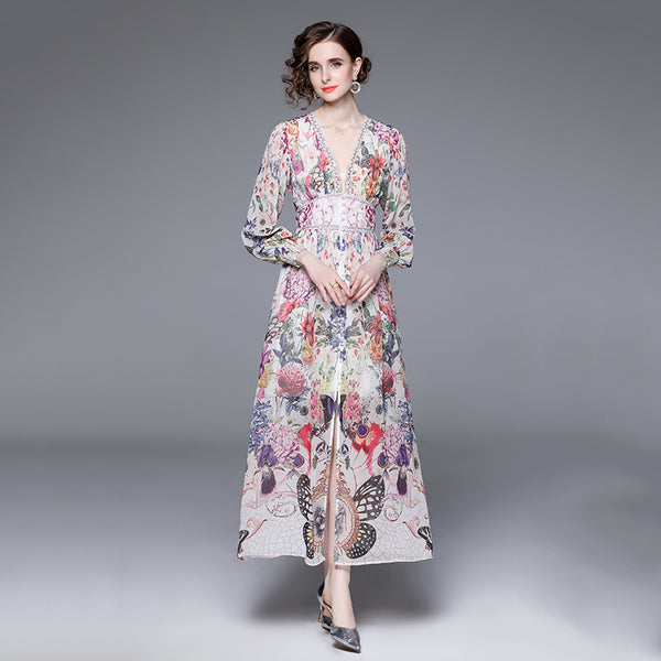 Early Spring Holiday Ethos Design Sense V-neck Print Long-Sleeved Waist Dress