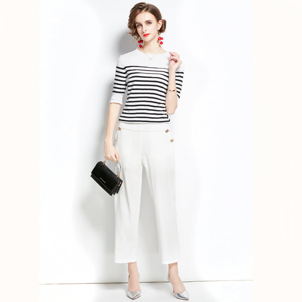 Black and White Striped Crew Neck Short-Sleeved Sweater and White Nine-Point Wide-Leg Pants Two-Piece Suit