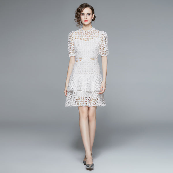 White Water-Soluble Lace Dress Summer Temperament Hollowed Out Small Fairy Bubble Sleeves High Waist Pommel Skirt